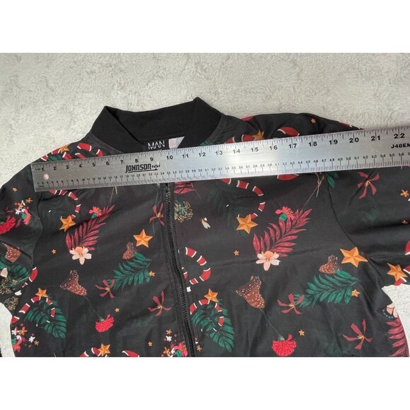 BoohooMan Womens Full Zip Jacket XL Star Floral Print Black Christmas Holiday - Picture 7 of 9